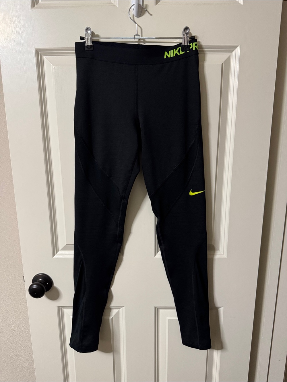 Nike Pro Hyperwarm Black Leggings with Neon Yellow Nike Swoosh and panels